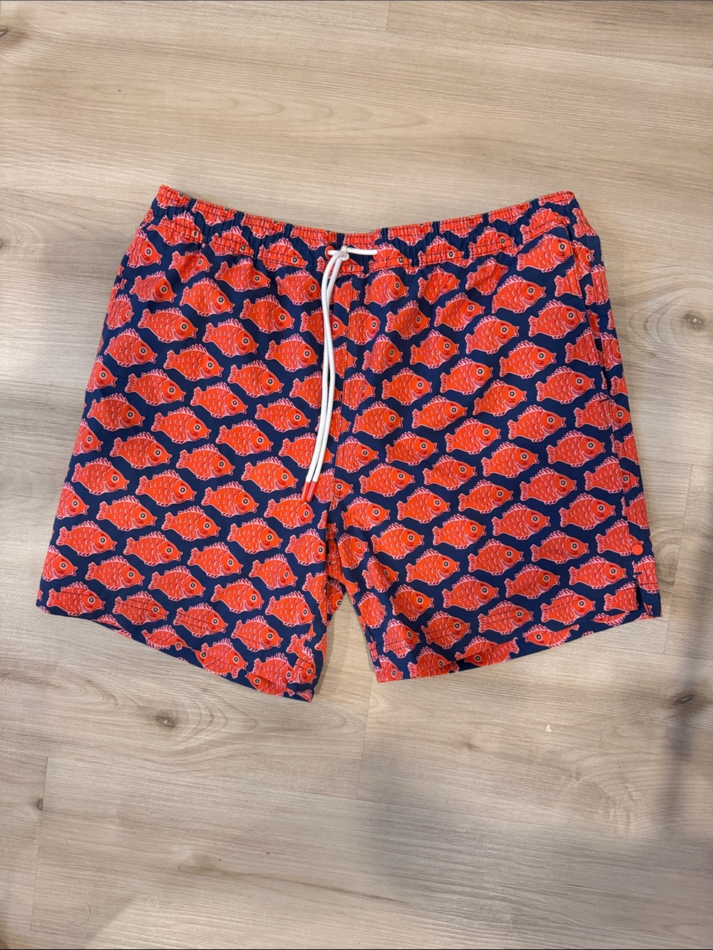 Men’s Medium Swims Navy lined Swim Trunks with Bright Orange Fish Print